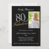 80と素晴らしいエレガントブラックフォト誕生日 招待状 (正面)