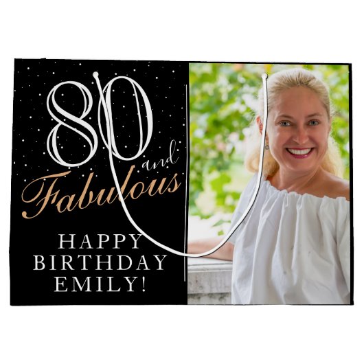 80と素晴らしいエレガントブラック80th誕生日写真 ラージペーパーバッグ (裏面)