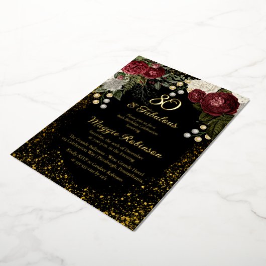 80と素晴らしいグラムバラフローラ誕生日パーティー 箔招待状 (回転した状態)