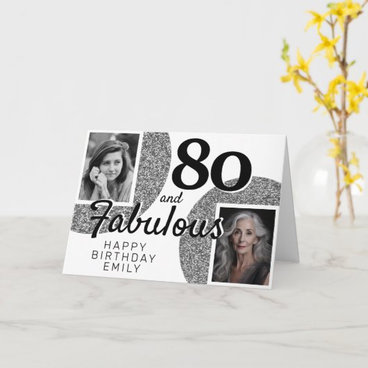 80と素晴らしいシルバーグリッター2フォト誕生日 カード (黄色い花)