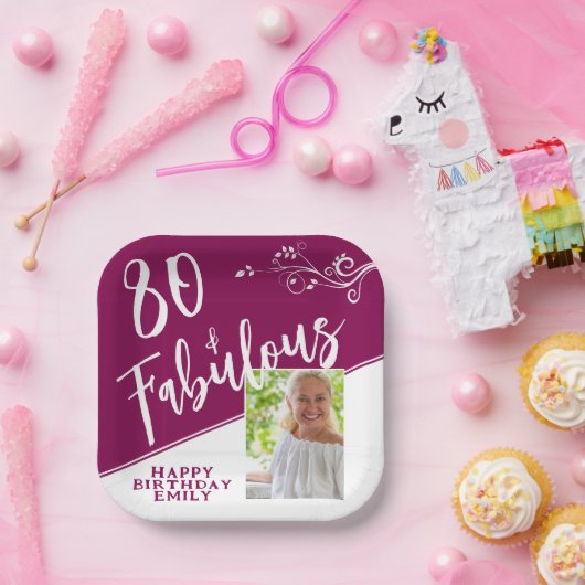 80と素晴らしいスクリプトフォトマゼンタ80誕生日 ペーパープレート (パーティー)