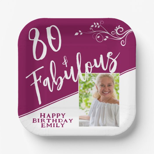 80と素晴らしいスクリプトフォトマゼンタ80誕生日 ペーパープレート (正面)