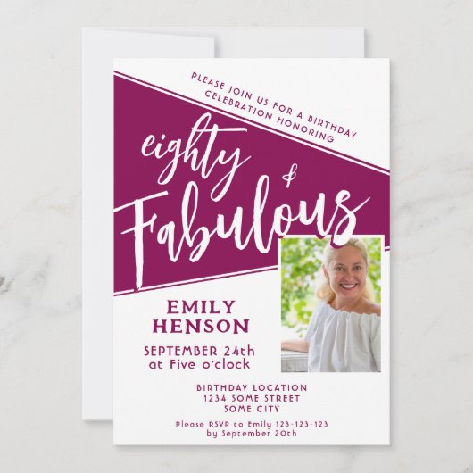 80と素晴らしいスクリプトマゼンタフォト80誕生日 招待状 (正面)