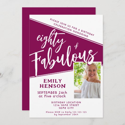 80と素晴らしいスクリプトマゼンタフォト80誕生日 招待状 (正面/裏面)