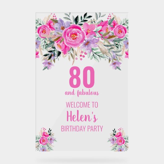 80と素晴らしいピンクのエレガントな誕生日パーティー アクリルサイン (正面)