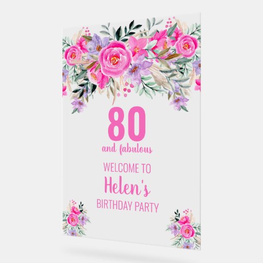 80と素晴らしいピンクのエレガントな誕生日パーティー アクリルサイン (傾斜)