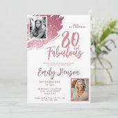 80と素晴らしいピンクのグリッター2写真80誕生日 招待状 (スタンド正面)