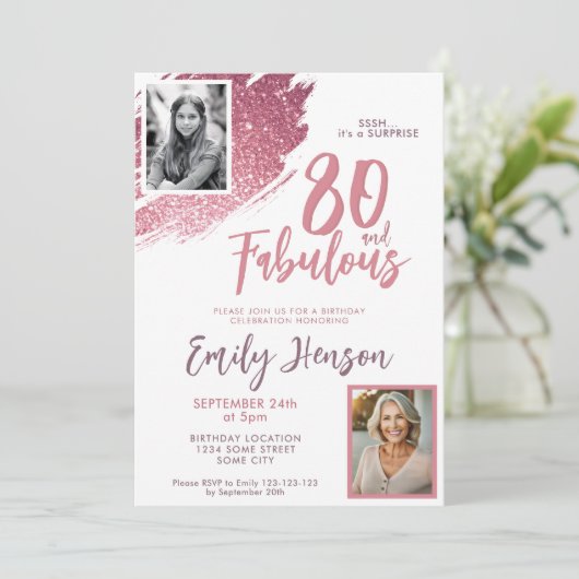 80と素晴らしいピンクのグリッター2写真80誕生日 招待状 (スタンド正面)