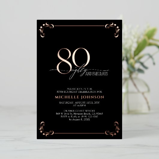 80と素晴らしいブラックバラ金ゴールド書道誕生日 箔招待状 (立ち正面)