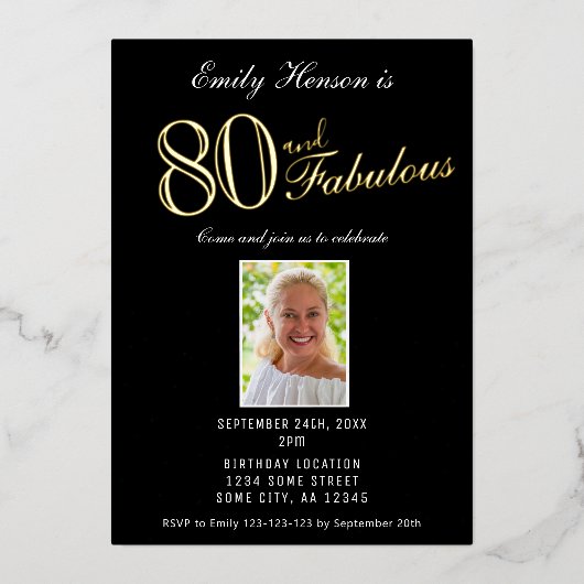 80と素晴らしいブラック80番目の誕生日金ゴールド 箔招待状 (正面)
