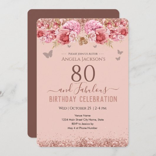 80と素晴らしい大人の誕生日ピンク招待状 招待状 (正面/裏面)