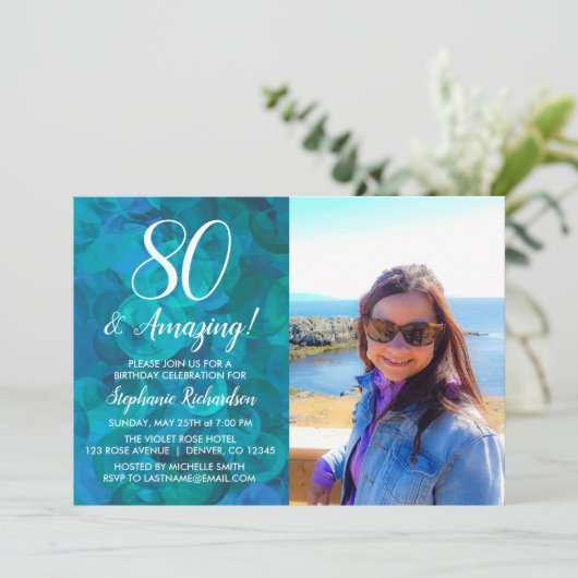 80と素晴らしい抽象芸術海ブルーフォト誕生日 招待状 (スタンド正面)