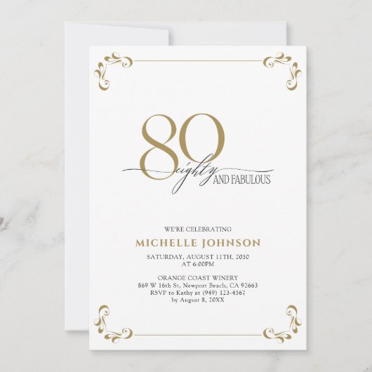 80と素晴らしい白黒と金ゴールド誕生日 招待状 (正面)