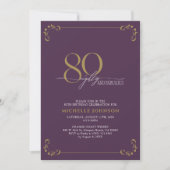 80と素晴らしい紫と金ゴールド書道誕生日 招待状 (正面)