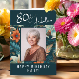 80と素晴らしい花柄の誕生日写真 カード