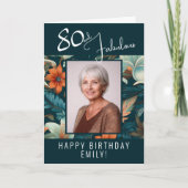 80と素晴らしい花柄の誕生日写真 カード (正面)