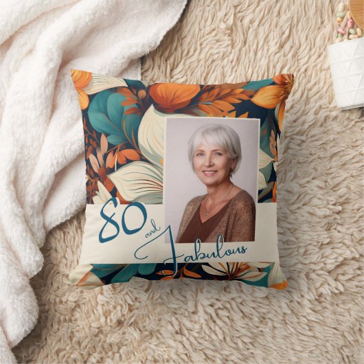 80と素晴らしい花柄の誕生日写真 クッション (ブランケット)