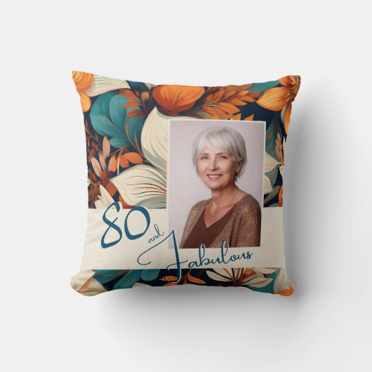 80と素晴らしい花柄の誕生日写真 クッション (正面)