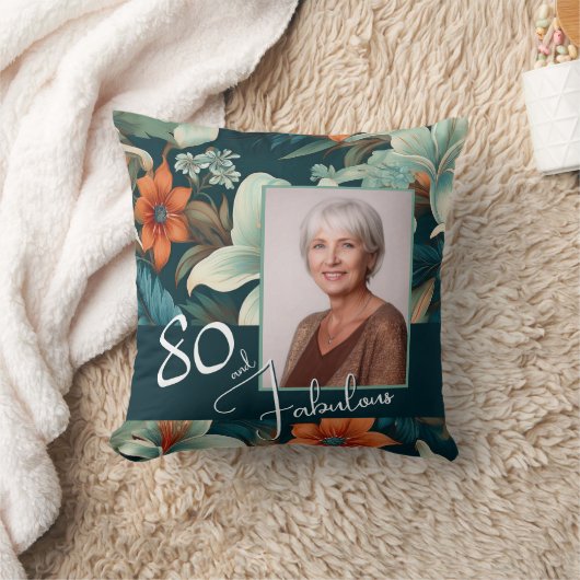 80と素晴らしい花柄の誕生日写真 クッション (ブランケット)