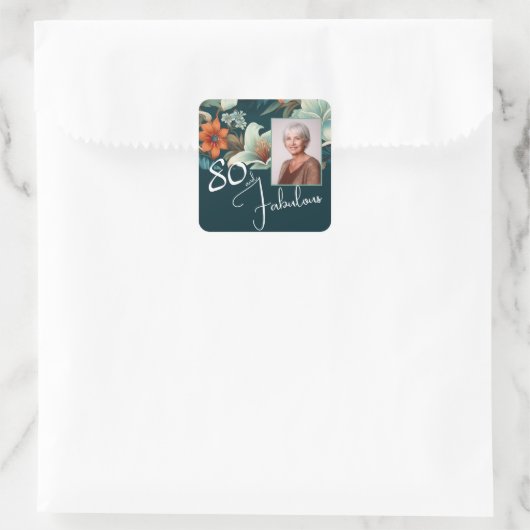 80と素晴らしい花柄の誕生日写真 スクエアシール (バッグ)