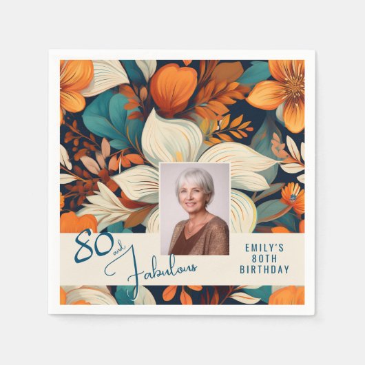 80と素晴らしい花柄の誕生日写真 スタンダードカクテルナプキン (正面)