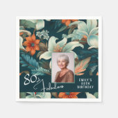 80と素晴らしい花柄の誕生日写真 スタンダードカクテルナプキン (正面)