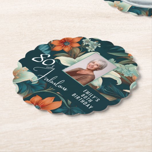 80と素晴らしい花柄の誕生日写真 ペーパーコースター (アングル)