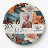 80と素晴らしい花柄の誕生日写真 ペーパープレート (正面)