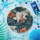 80と素晴らしい花柄の誕生日写真 ペーパープレート (パーティー)