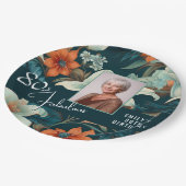 80と素晴らしい花柄の誕生日写真 ペーパープレート (アングル)