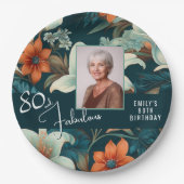80と素晴らしい花柄の誕生日写真 ペーパープレート (正面)