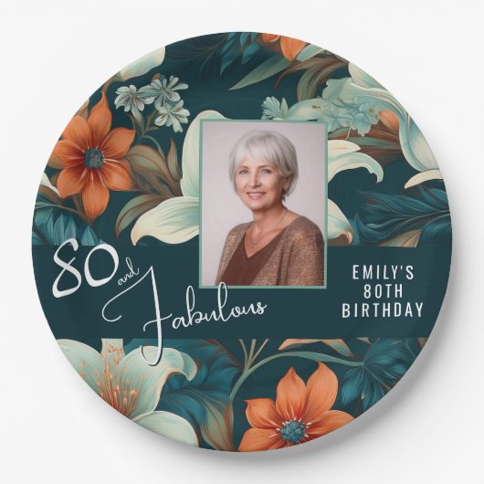 80と素晴らしい花柄の誕生日写真 ペーパープレート (正面)
