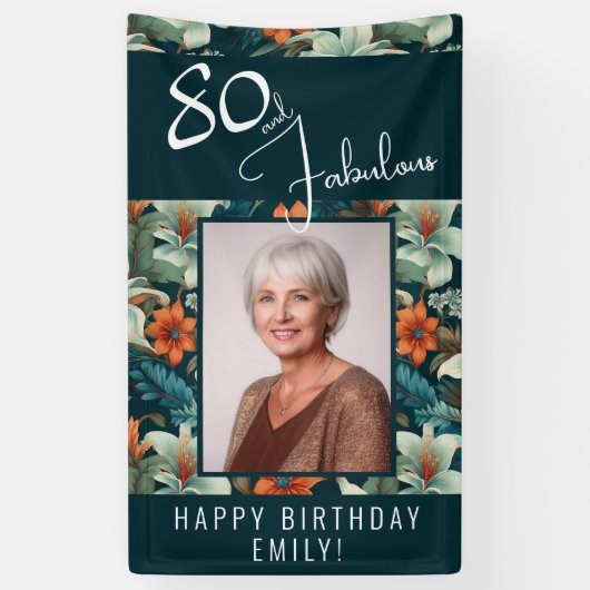 80と素晴らしい花柄の誕生日写真 横断幕 (縦)