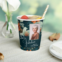 80と素晴らしい花柄の誕生日写真 紙コップ