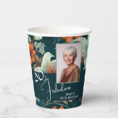 80と素晴らしい花柄の誕生日写真 紙コップ (正面)