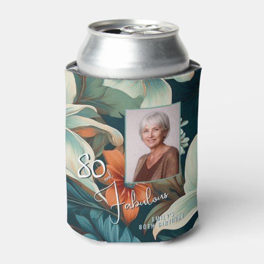 80と素晴らしい花柄の誕生日写真 缶クーラー (缶正面)