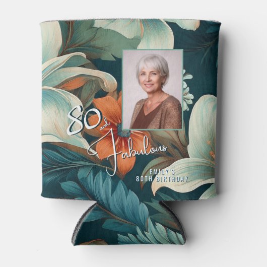 80と素晴らしい花柄の誕生日写真 缶クーラー (正面)