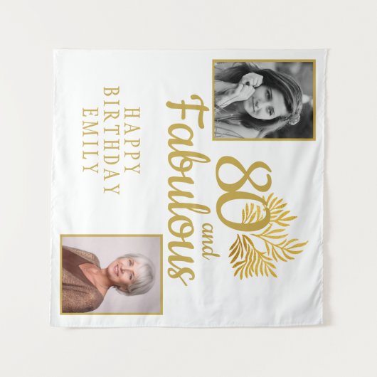 80と素晴らしい金ゴールドの葉2写真誕生日 タペストリー (正面(横))