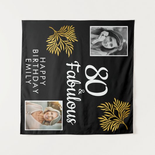 80と素晴らしい金ゴールドの葉2写真80誕生日 タペストリー (正面(横))