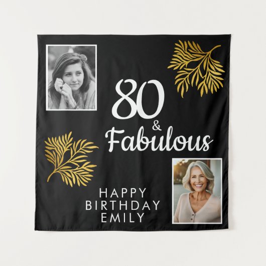 80と素晴らしい金ゴールドの葉2写真80誕生日 タペストリー (正面)