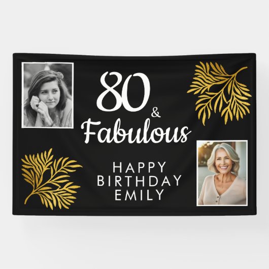 80と素晴らしい金ゴールドの葉2写真80誕生日 横断幕 (横)