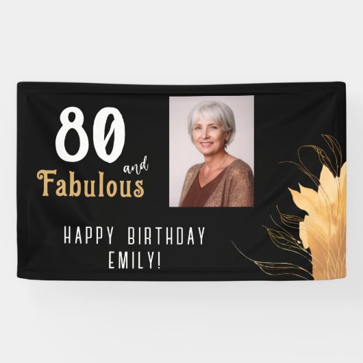 80と素晴らしい金ゴールドの葉80誕生日写真 横断幕 (横)