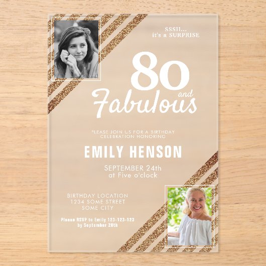 80と素晴らしい金ゴールドグリッター2写真80誕生日 アクリル招待状 (正面)
