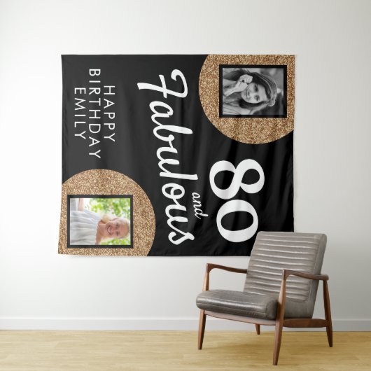 80と素晴らしい金ゴールドグリッター2写真80誕生日 タペストリー (インサイチュ(横))