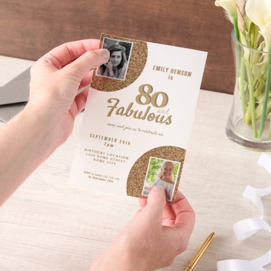 80と素晴らしい金ゴールドグリッター2写真80誕生日 ベラム紙招待状 (ポータブル)