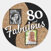 80と素晴らしい金ゴールドグリッター2写真80誕生日 ラウンドシール (正面)