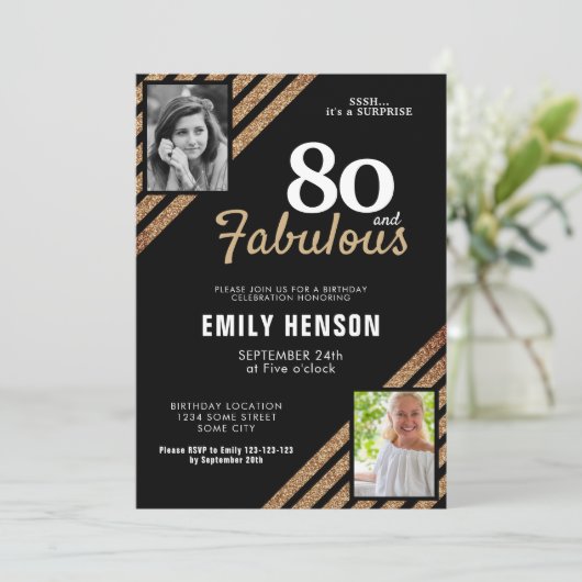 80と素晴らしい金ゴールドグリッター2写真80誕生日 招待状 (スタンド正面)