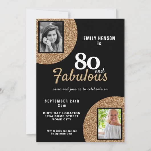 80と素晴らしい金ゴールドグリッター2写真80誕生日 招待状 (正面)