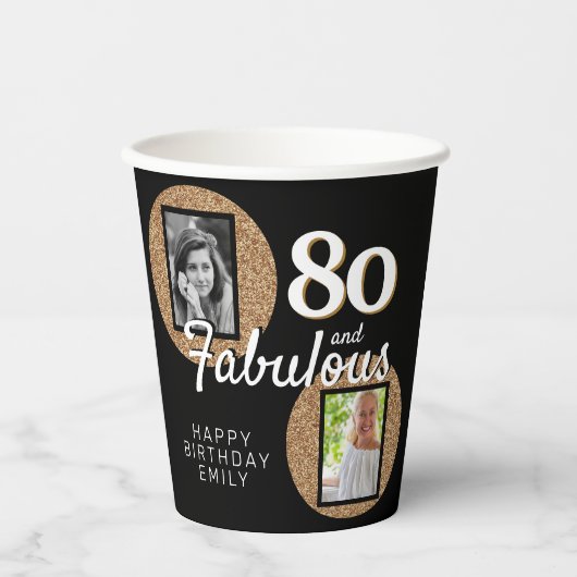 80と素晴らしい金ゴールドグリッター2写真80誕生日 紙コップ (正面)