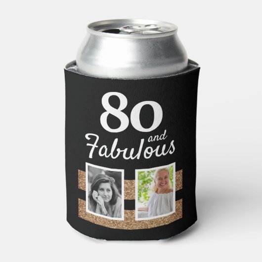 80と素晴らしい金ゴールドグリッター2写真80誕生日 缶クーラー (缶正面)